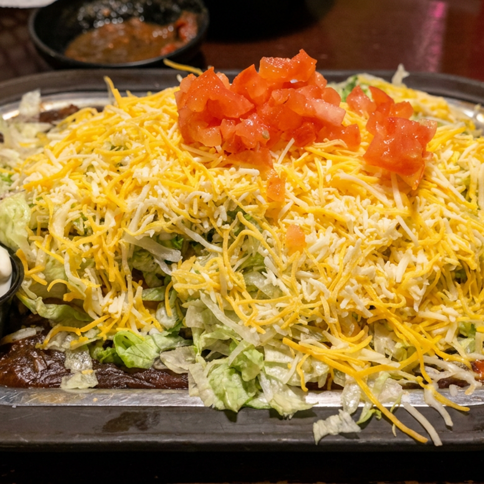 Loaded taco salad topped with shredded cheese, diced tomatoes, lettuce, and sour cream on a black platter.