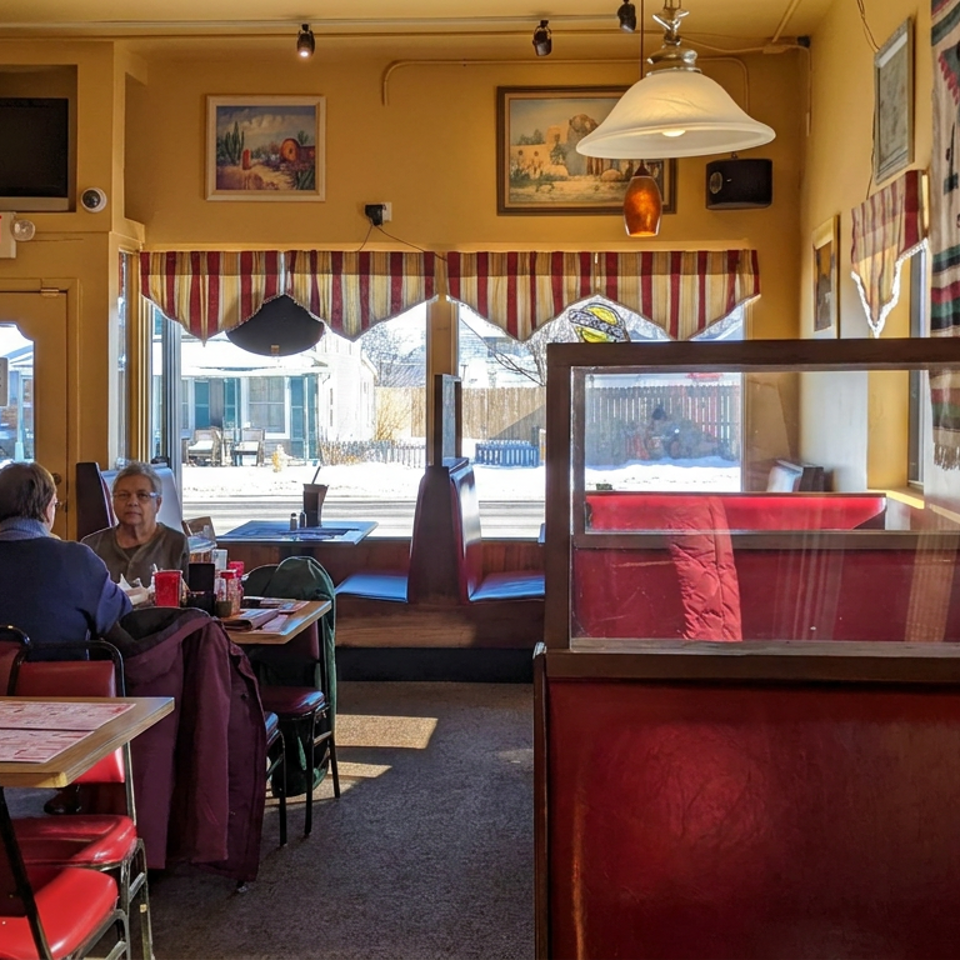 Warmly lit restaurant dining room with red booths, striped curtains, framed artwork, and two diners seated near sunlit windows.