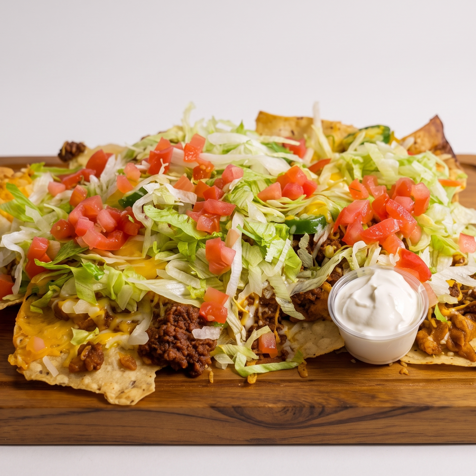 Loaded nachos topped with seasoned beef, melted cheese, lettuce, diced tomatoes, and sour cream on a wooden serving board.