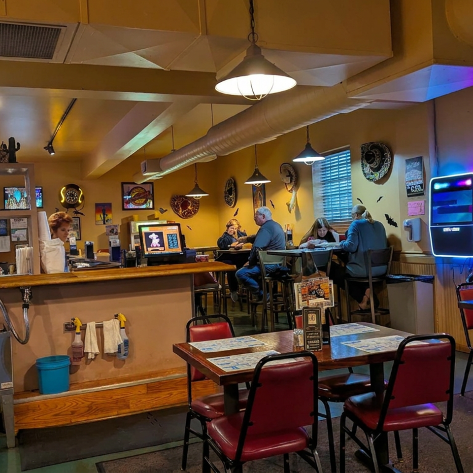 Warmly lit restaurant dining room with red chairs, wood tables, bar counter, seated patrons, colorful wall décor, and arcade machine.