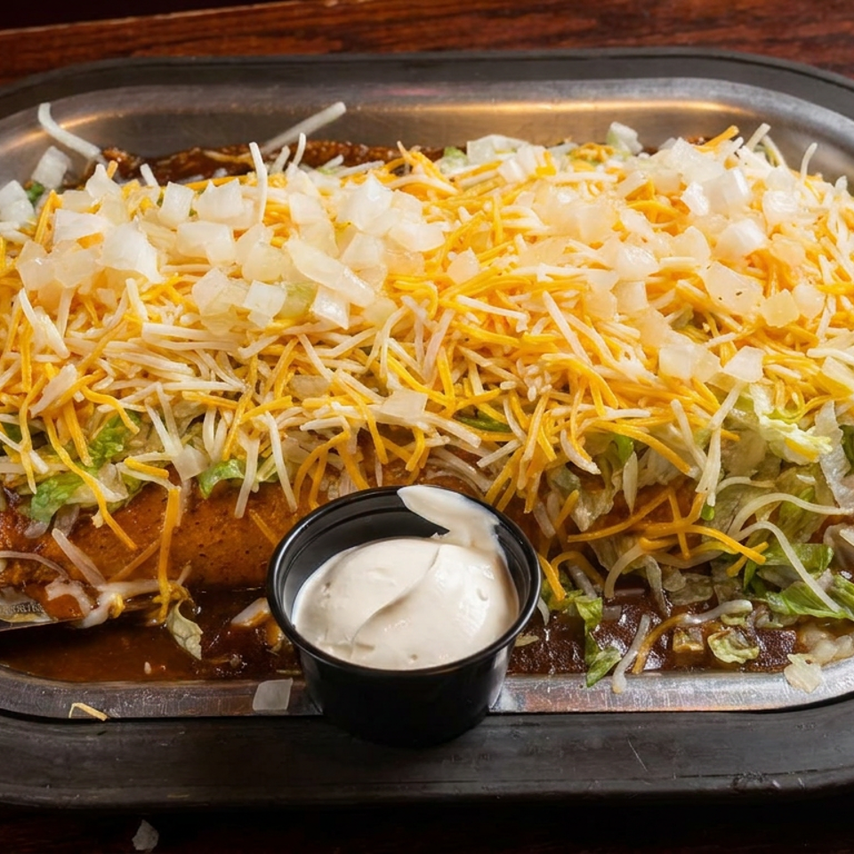Loaded Mexican-style entrée covered with shredded cheese, lettuce, and diced onions on a sizzling platter, served with sour cream.