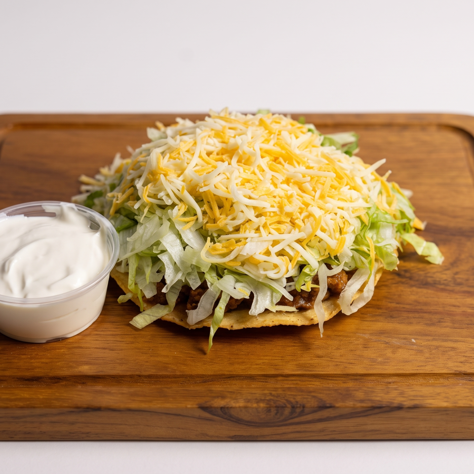 Layered tostada topped with refried beans, shredded lettuce, onions, and cheese, served with sour cream on a wooden board.