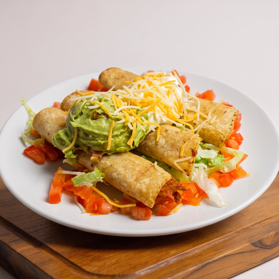 Crispy burritos topped with guacamole and shredded cheese, served over lettuce and diced tomatoes on a white plate.