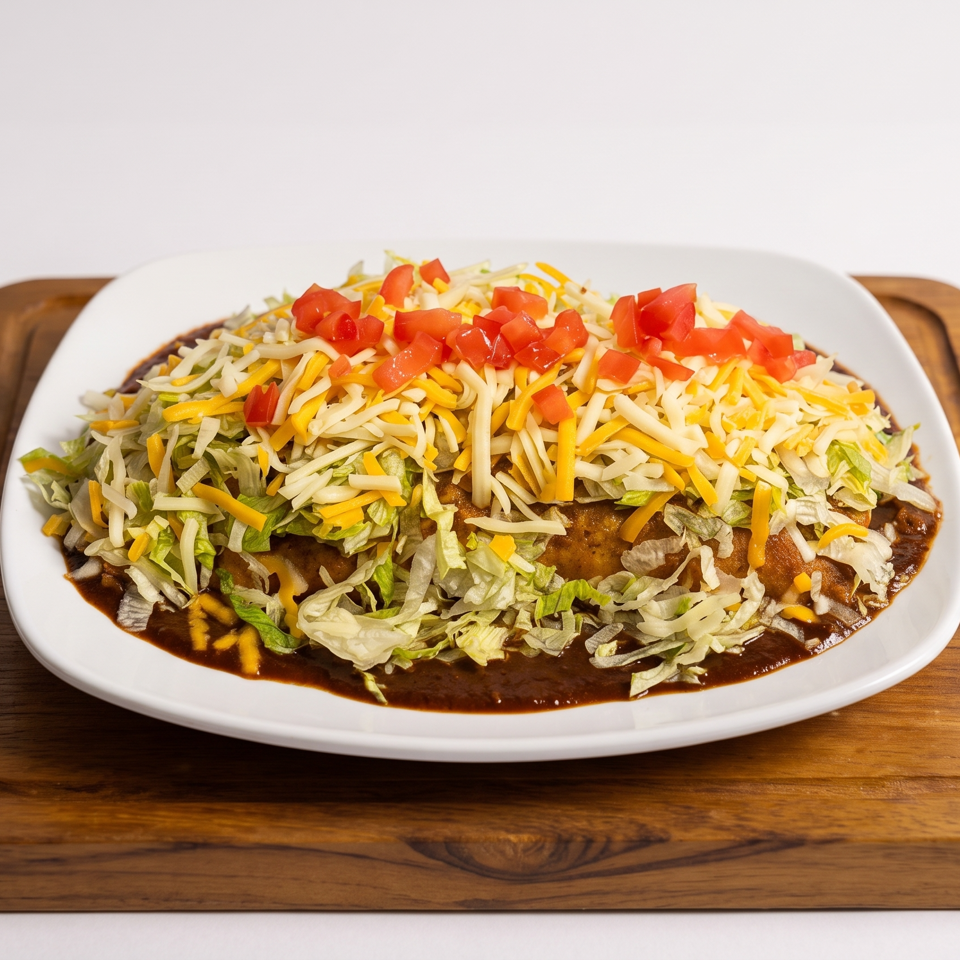 Loaded plate of enchiladas covered with lettuce, shredded cheese, diced tomatoes, and dark sauce on a wooden serving board.
