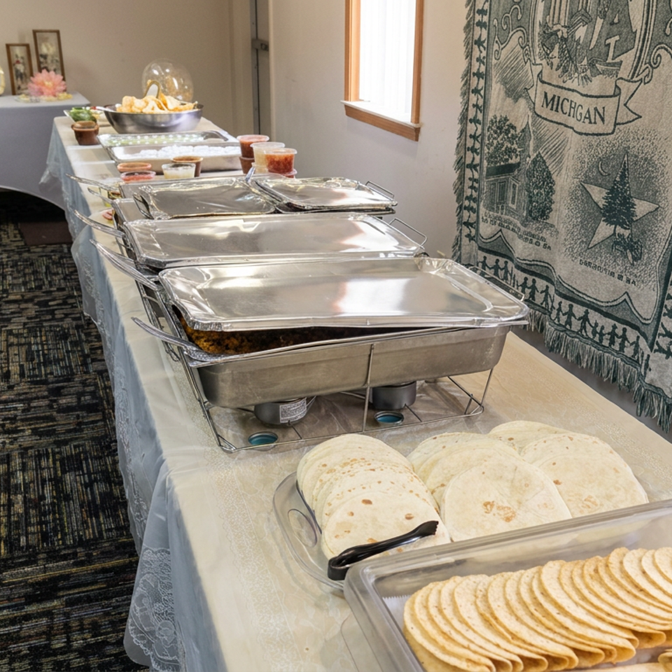 Buffet table with covered serving dishes, tortillas, crackers, condiments, and a Michigan-themed textile in a banquet room.