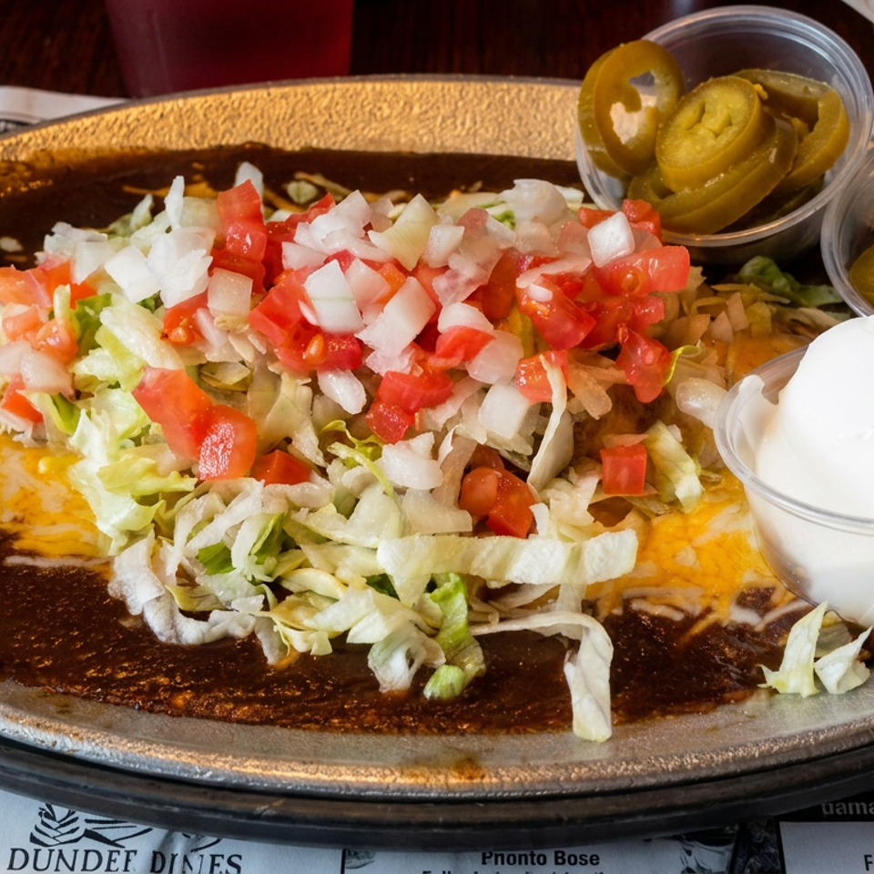 Mexican enchiladas covered with lettuce, diced tomatoes, onions, cheese, sour cream, and jalapeños on a restaurant table.